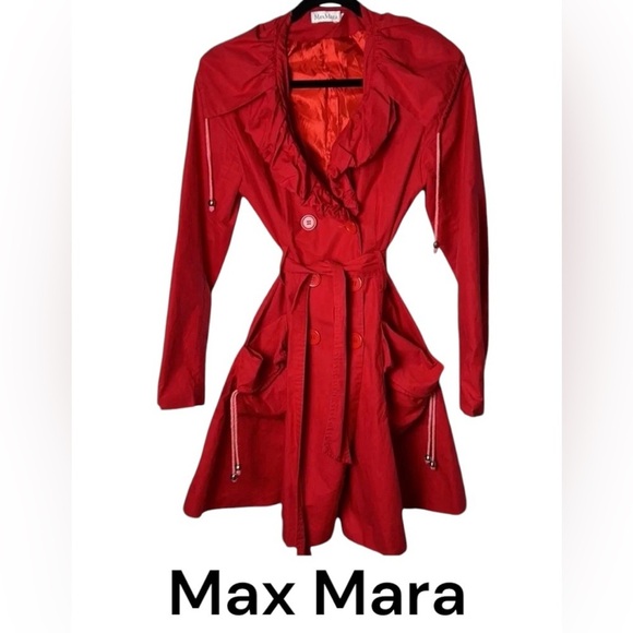 Max Mara red coat ,fairy,unique,fit & flare,cotton,ruffle collar,red carpet,EC - Picture 1 of 15
